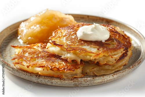 Homemade Potato Pancakes with Apple Sauce and Cream, isolated background