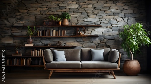 The interior room has a grey stone wall and is adorned with wooden decor. It features a bookshelf, a comfortable sofa, and a vase filled with plants. There is also a middle table