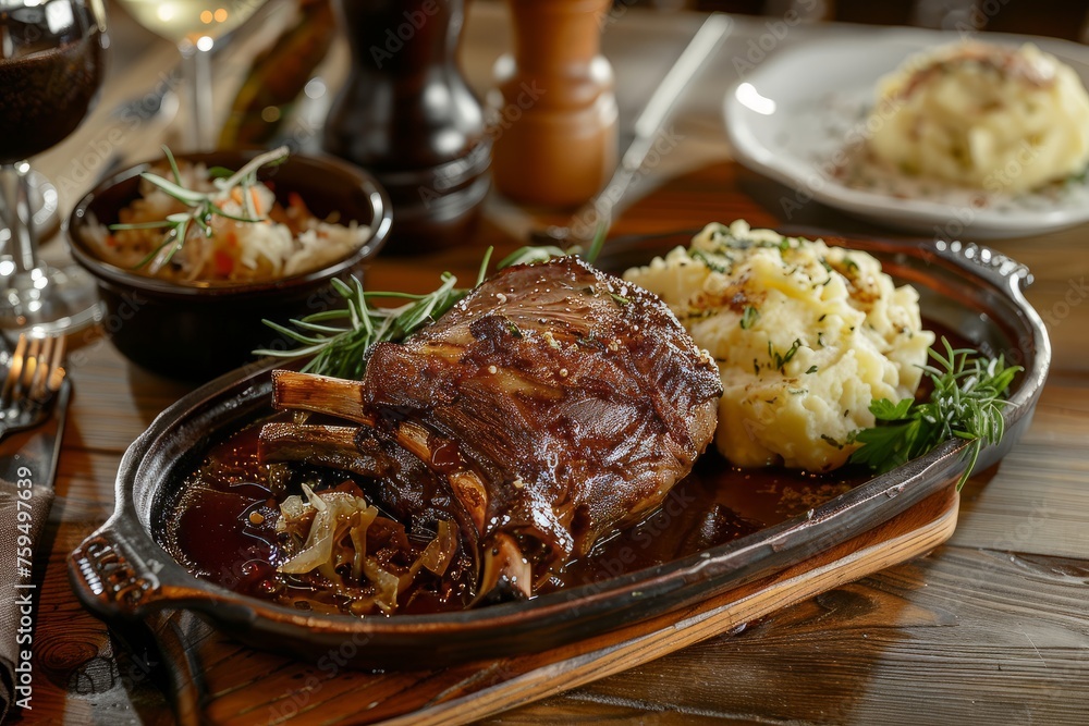 Traditional German Schweinshaxe Platter, served with sides, warm dining ambiance