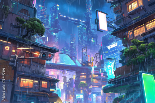 Cyberpunk city in the rainy night