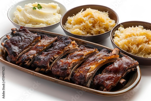 Schweinshaxe with Sauerkraut and Mashed Potatoes, isolated on white background