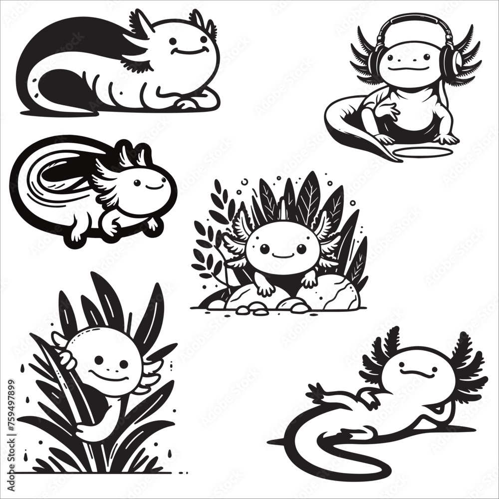 Fototapeta premium Axolotl Set illustration vector