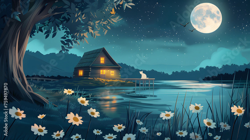 Nuits d'été sereines : une maison confortable au bord du lac tranquille, illustration vectorielle d'un ami félin au milieu de fleurs de marguerites et d'un ciel éclairé par la lune photo