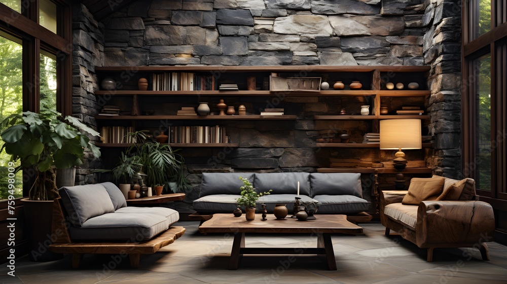 The interior room has a grey stone wall and is adorned with wooden decor. It features a bookshelf, a comfortable sofa, and a vase filled with plants. There is also a middle table - obrazy, fototapety, plakaty 