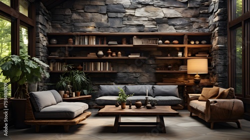 The interior room has a grey stone wall and is adorned with wooden decor. It features a bookshelf, a comfortable sofa, and a vase filled with plants. There is also a middle table