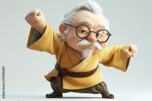 3D cartoon of old man practicing martial arts