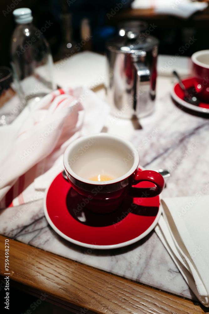 Table with cups in coffee shop. Table with cups in coffee shop.