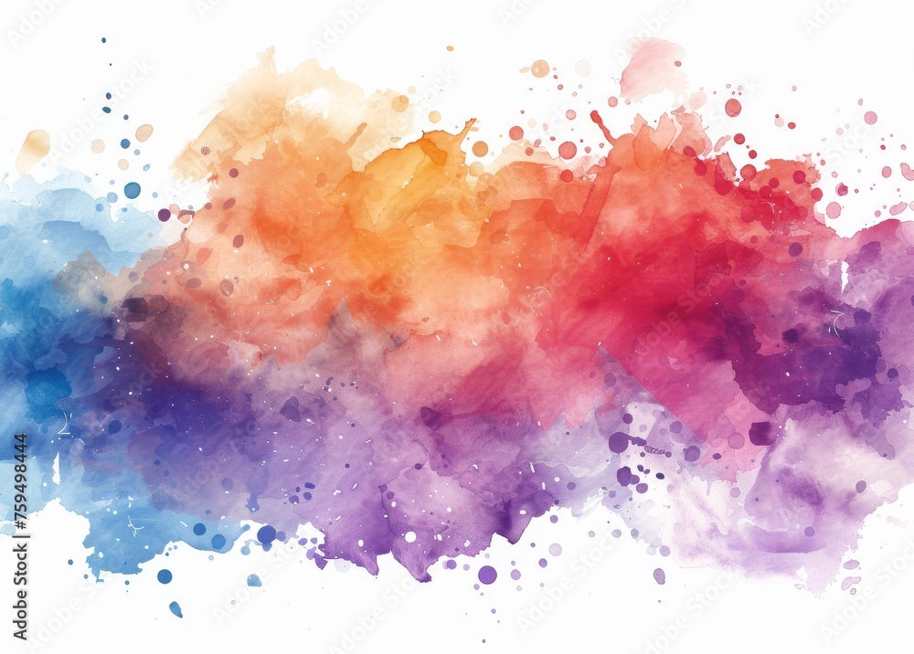 A vibrant watercolor panorama with a smooth transition from cool blues to warm reds and purples, resembling a sunset sky, dotted with lively paint droplets.