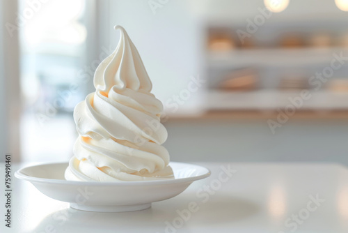 Delicious Soft Serve Ice Cream on White Plate, Perfectly Composed Gen AI photo