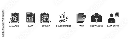 Research banner web icon vector illustration concept with icon of analysis, data, survey, development, fact, knowledge and data entry	