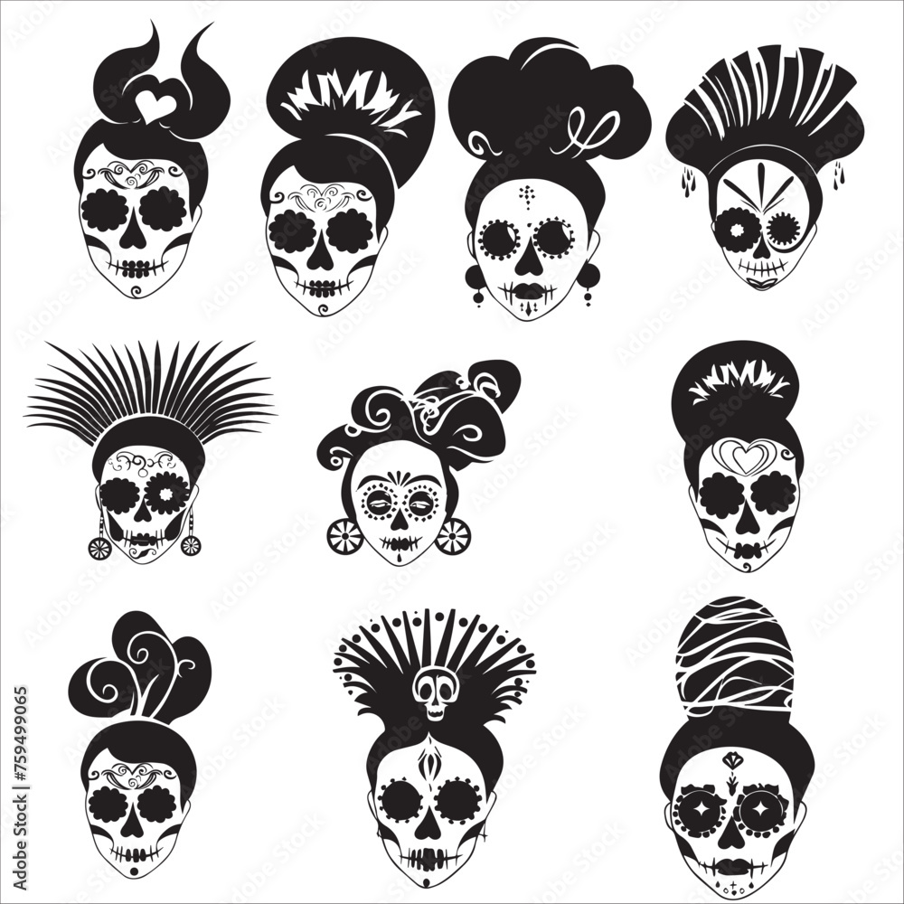 whimsical female skull illustration vector set whimsical female skull illustration vector set