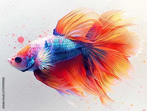 a beautiful very long-tailed Betta Splenders fish, colorful, front on view, iridescent opalescent colours illustration