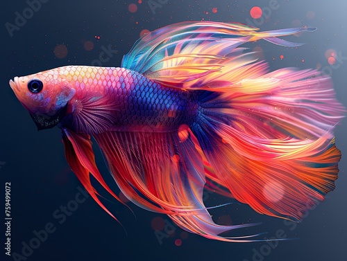a beautiful very long-tailed Betta Splenders fish  colorful  front on view  iridescent opalescent colours illustration