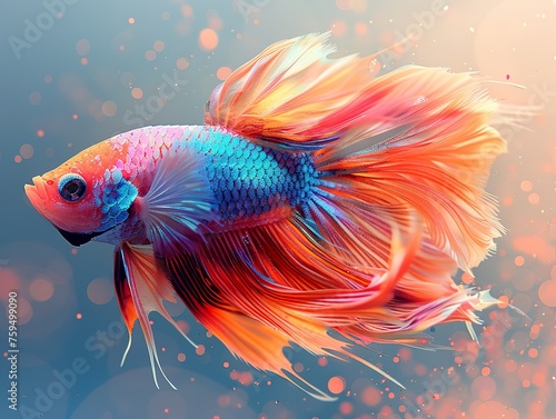 a beautiful very long-tailed Betta Splenders fish  colorful  front on view  iridescent opalescent colours illustration