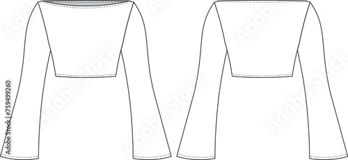boat neck long kimono bell sleeve crop cropped blouse top template technical drawing flat sketch cad mockup fashion woman design style model
