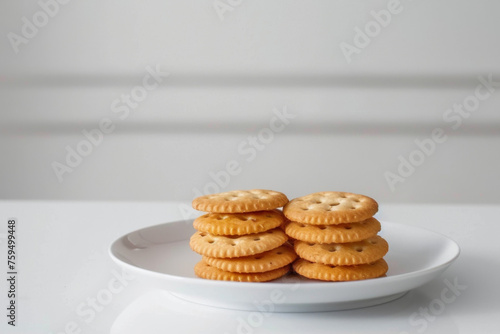 Plain Crackers on White Plate on Table with White Background Gen AI