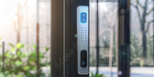 A smart door lock system with biometric access, ensuring secure entry to the home. Password entering by keypad number scan device machine. Advanced authentication device for privacy and safety. photo