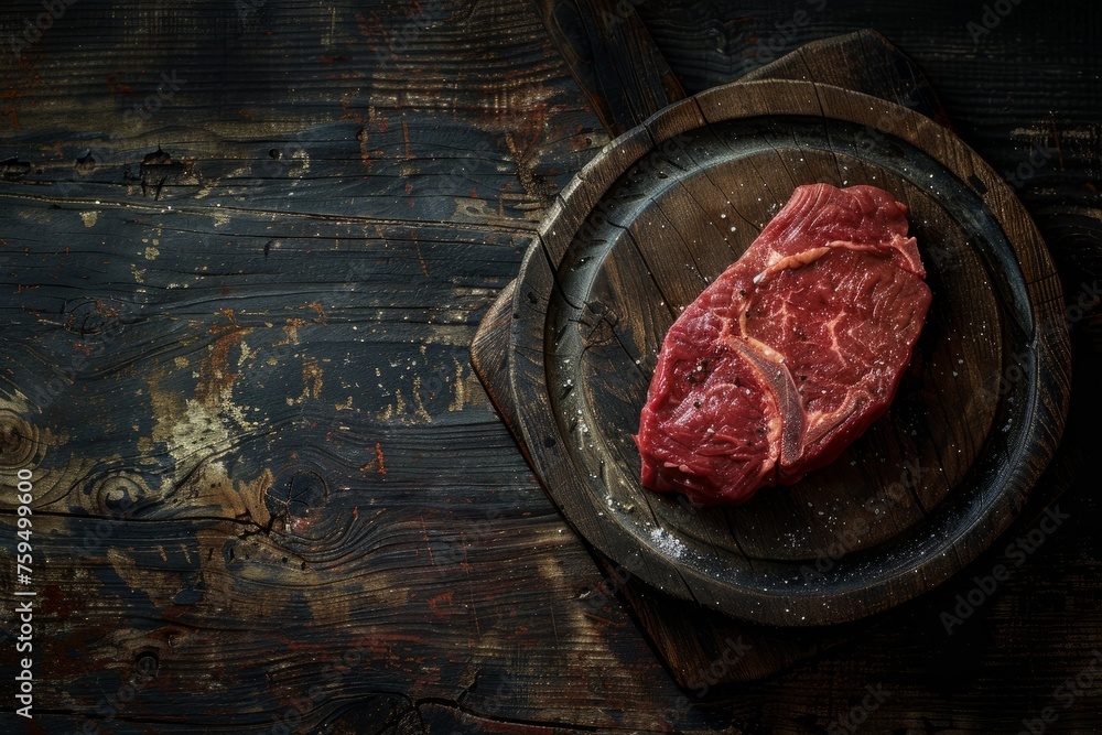 A piece of steak is placed on a rustic wooden plate, ready to be served and enjoyed. The warm tones of the wood complement the rich color of the steak