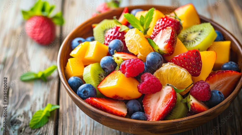 A Bowl of Fresh Summer Fruit Salad on a Wooden Background