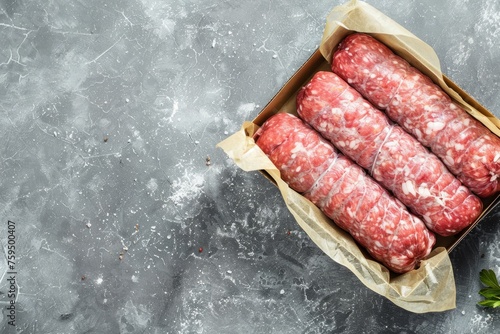 A box filled with raw meat, including sausages, is placed on top of a table with a gray stone background in a top-down view