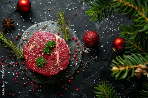 A piece of raw rib eye beef steak placed on a stone table surrounded by festive Christmas decorations