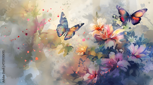 Arrangements floraux élégants à l'aquarelle : une superbe exposition de papillons vibrants pour les invitations, les salutations et la décoration murale photo