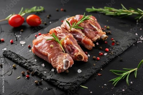 Two raw turkey wings arranged with herbs and tomatoes on a slate board, prepared for cooking or grilling