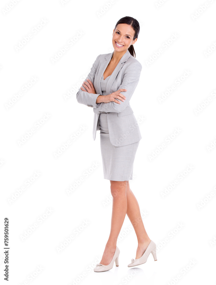Portrait, happy and business woman with arms crossed in studio isolated on a white background mockup space. Confidence, smile and professional consultant, entrepreneur and worker with pride in Canada Portrait, happy and business woman with arms crossed in studio isolated on a white background mockup space. Confidence, smile and professional consultant, entrepreneur and worker with pride in Canada