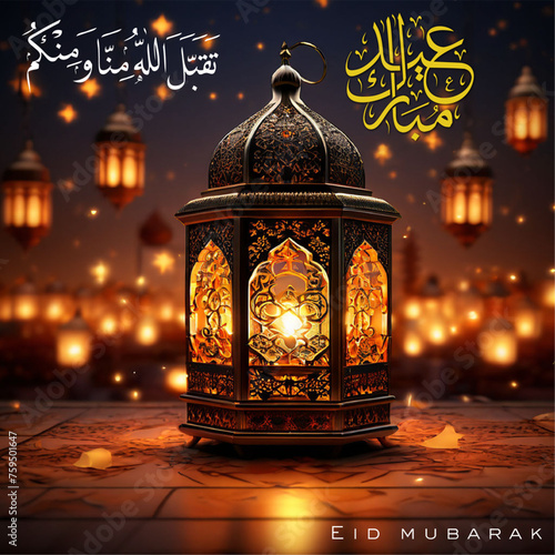 Eid Mubarak Greetings with lantern and arabic wordings
