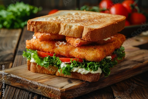 A chicken sandwich topped with lettuce and tomato arranged neatly on a wooden cutting board