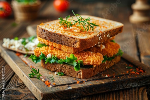 A close-up view of a sandwich with fish sticks on a wooden cutting board placed on an old dark wooden table