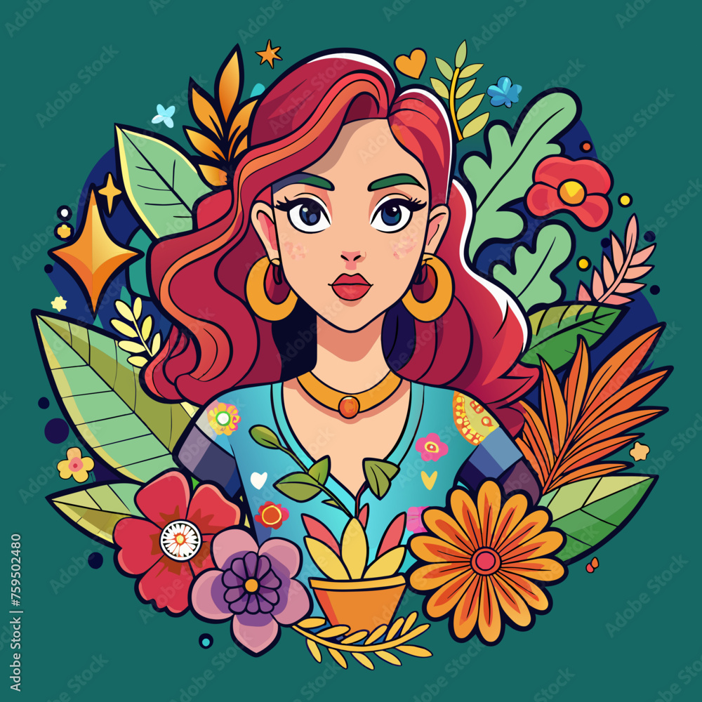 Sticker of showcasing a fashionable girl surrounded by floral motifs and stylish accessories, ideal for elevating the appeal of t-shirt graphics