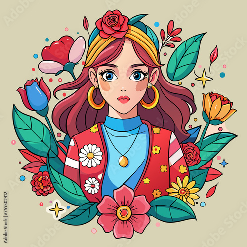 Sticker of showcasing a fashionable girl surrounded by floral motifs and stylish accessories  ideal for elevating the appeal of t-shirt graphics