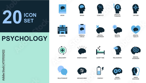 Mental health psychology icon set For Mobile and Web. Anxiety, Care, Depression, Emotional Stress, Healthcare, Medicine, Human Brain, Loneliness, Psychotherapy, Sadness, Support, Therapy.
