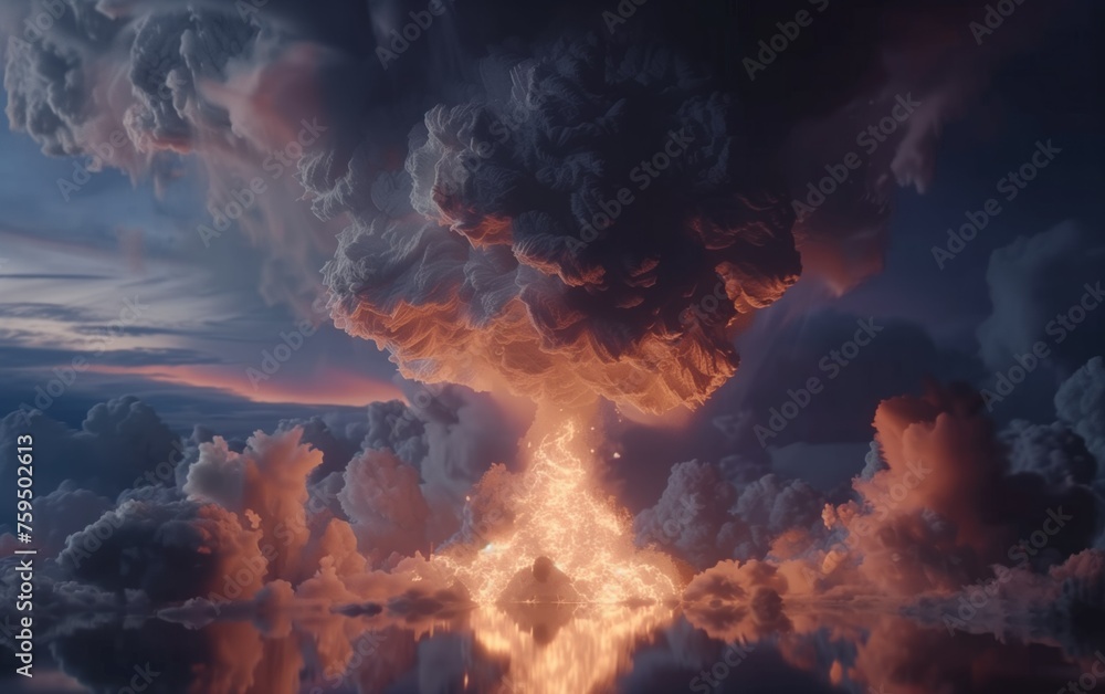 Apocalyptic Vision, A digital rendering of an epic volcanic explosion with massive ash clouds illuminated by fiery lava, reflecting in the water below, evoking the power and drama of nature's fury.