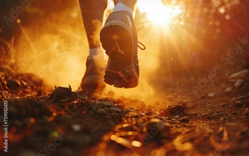 Trailblazing at Sunset, A hikers dusty boots stride along a rugged trail, kicking up a small cloud of dust, with the sun setting in the background casting a golden glow on the path ahead.