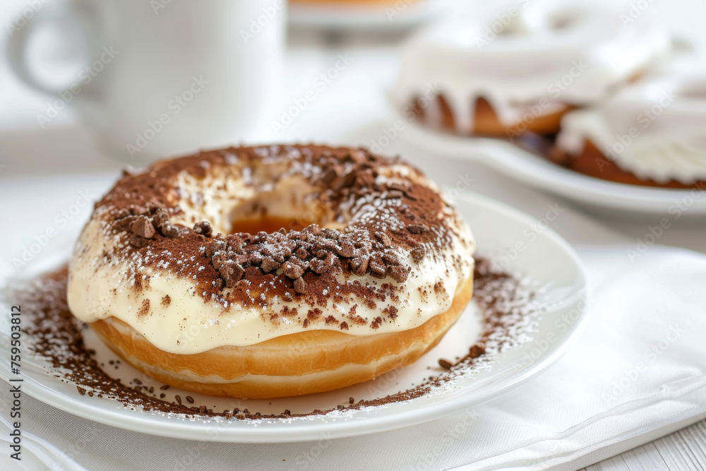 Tiramisu Donut on White Plate with Minimalist Background Gen AI Tiramisu Donut on White Plate with Minimalist Background Gen AI