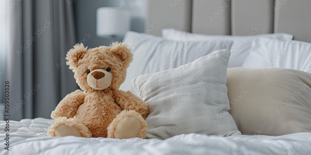 Teddy Bear Sitting On Bed With White Sheets Background