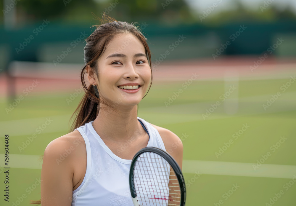 photograph of Happy Asian girl playing tennis on court, holding racket in hands