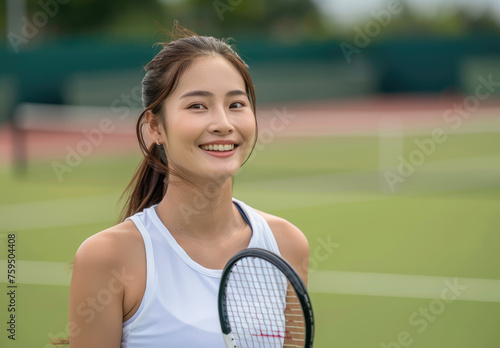 photograph of Happy Asian girl playing tennis on court, holding racket in hands © Kien