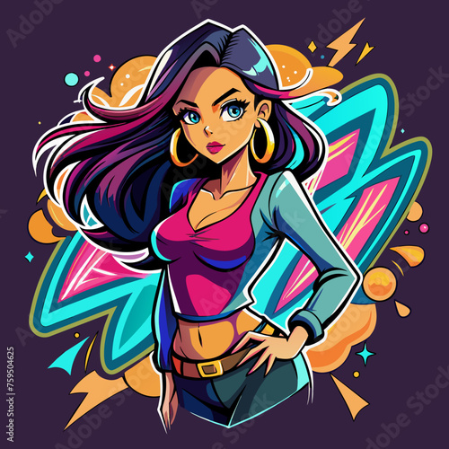 Sticker portraying a stylish Beautiful girl in a dynamic pose  with graffiti-inspired elements and bold graphics