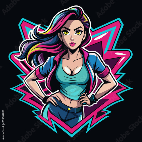 Sticker portraying a stylish Beautiful girl in a dynamic pose, with graffiti-inspired elements and bold graphics