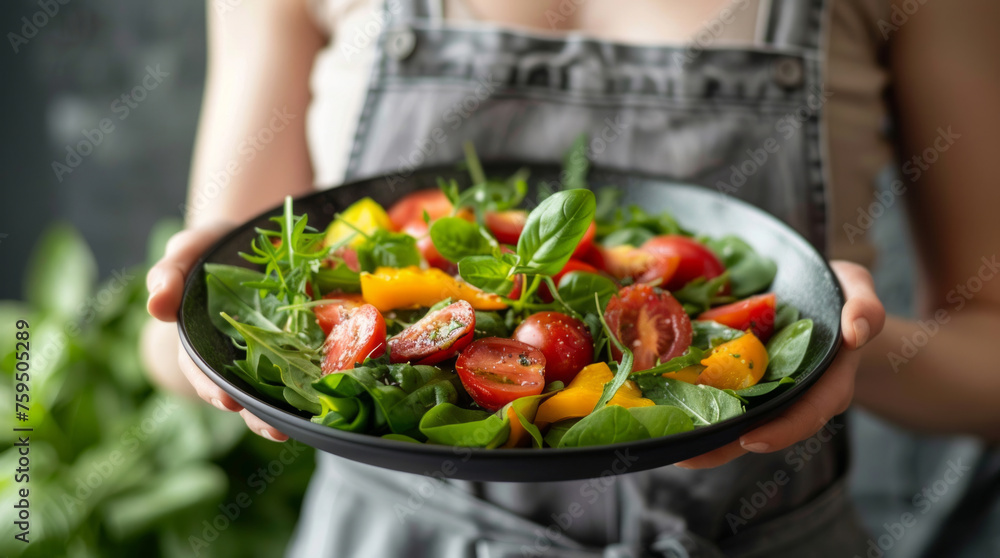 A person wearing an apron presents a bowl of vibrant mixed salad featuring lush greens, ripe tomatoes, and juicy citrus fruits - obrazy, fototapety, plakaty 