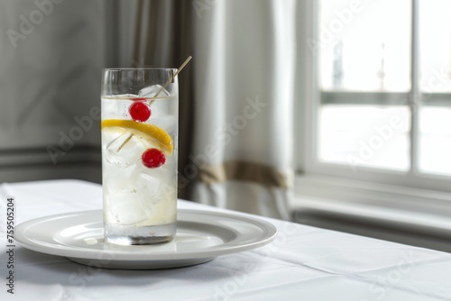 Refreshing Tom Collins Cocktail on White Table with Nikon D7000 Gen AI photo