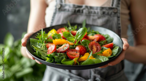A person wearing an apron presents a bowl of vibrant mixed salad featuring lush greens, ripe tomatoes, and juicy citrus fruits