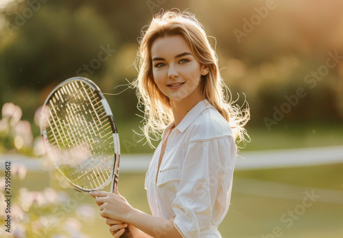 photograph of Happy girl playing tennis on court, holding racket in hands © Kien