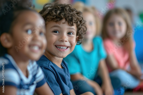Joyful Childhood: Smiling Curly-Haired Boy with Friends in a Colorful Classroom
