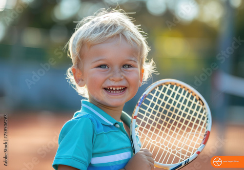 photograph of Happy little boy playing tennis on court, holding racket in hands © Kien