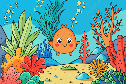 A vibrantly-colored coral reef serves as a picturesque backdrop for a whimsical tree with heart-shaped foliage.