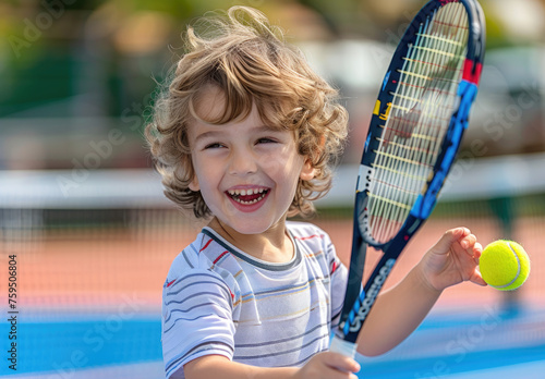 photograph of Happy little boy playing tennis on court, holding racket in hands © Kien